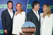 A three-photo collage of Colin Jost, Scarlett Johansson and a ferryboat.