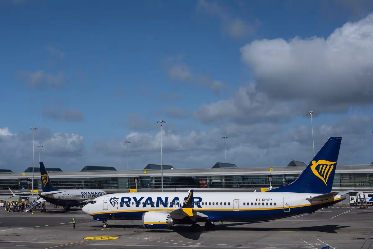 A Ryanair airplane is seen on the runway at Dublin Airport