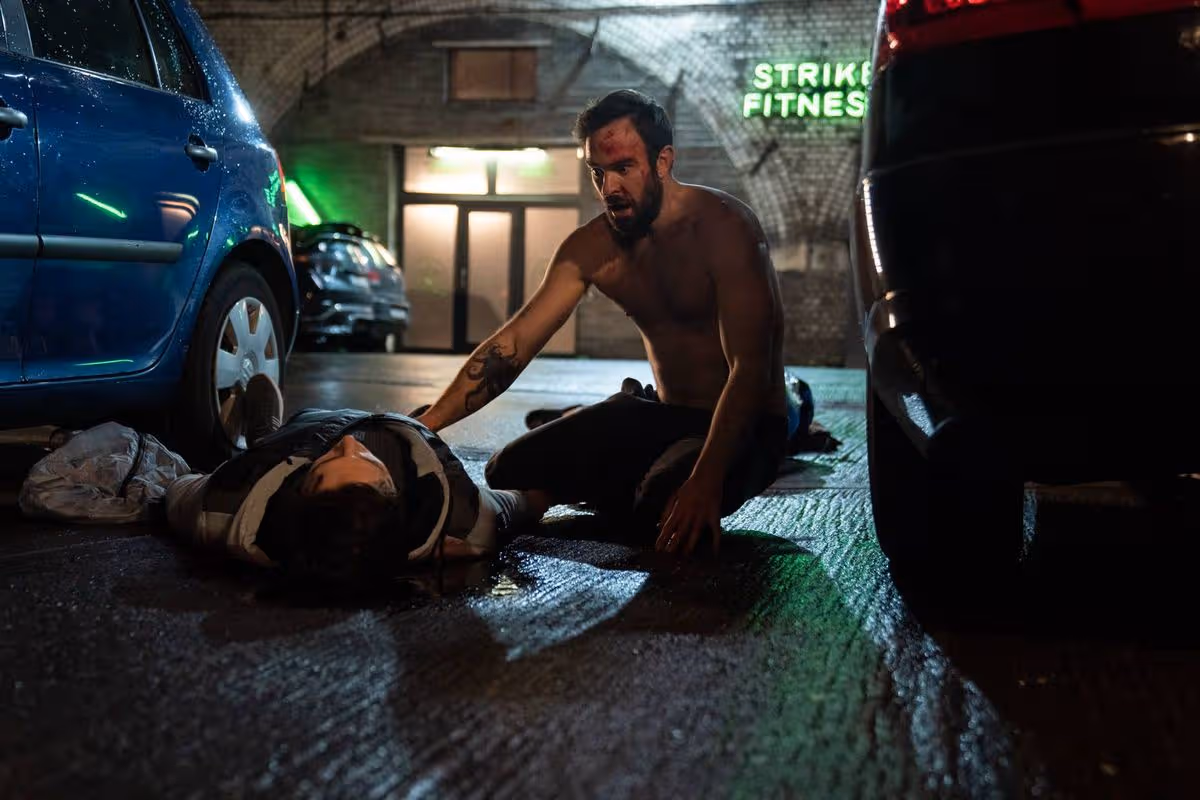Mikey (Charlie Cox) realises his nephew Jamie (Cian Fitzsimons) is dead in scenes from SUnday nights Kin on RTE