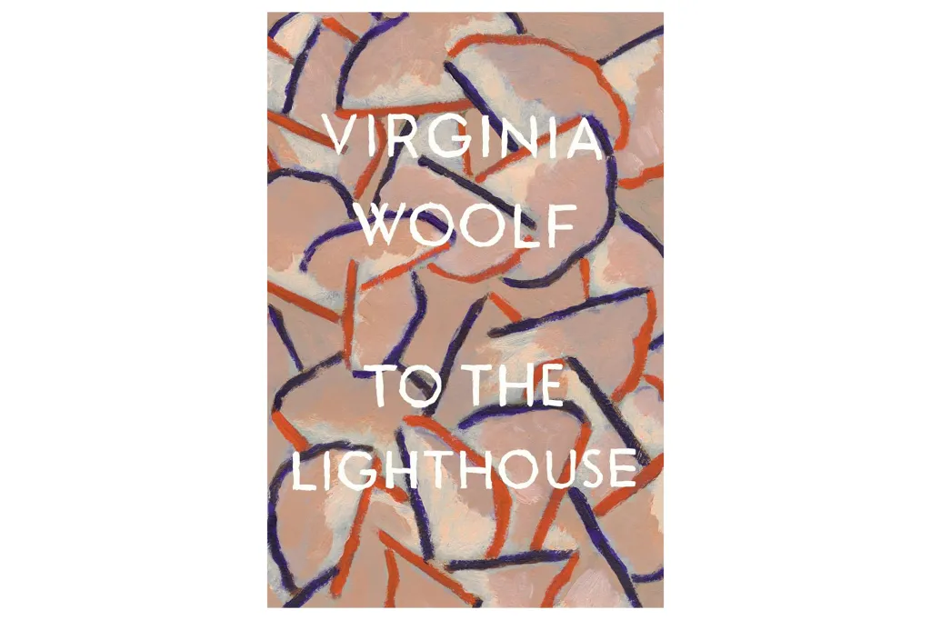 Book cover illustration for Virginia Woolf's "To the Lighthouse" with abstract shapes in peach, orange, and deep purple.