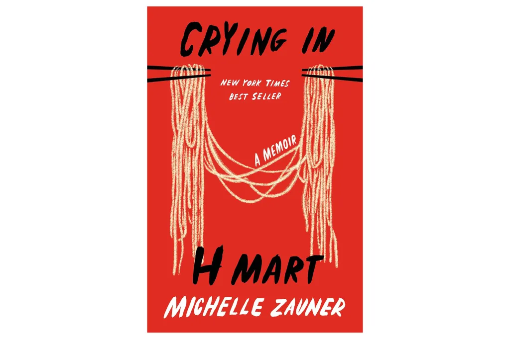Illustration of the book cover "Crying in H Mart" by Michelle Zauner, featuring chopsticks holding noodles on a red background.