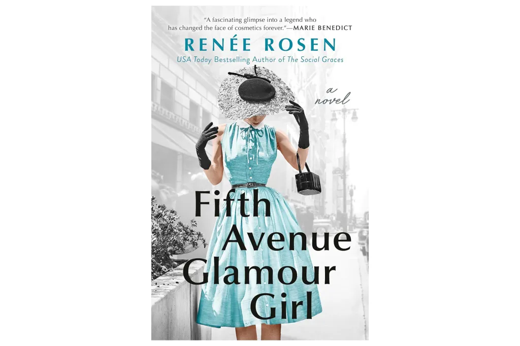 Book cover for "Fifth Avenue Glamour Girl" by Renée Rosen, featuring a woman in a turquoise dress, black gloves, and a feathered hat.