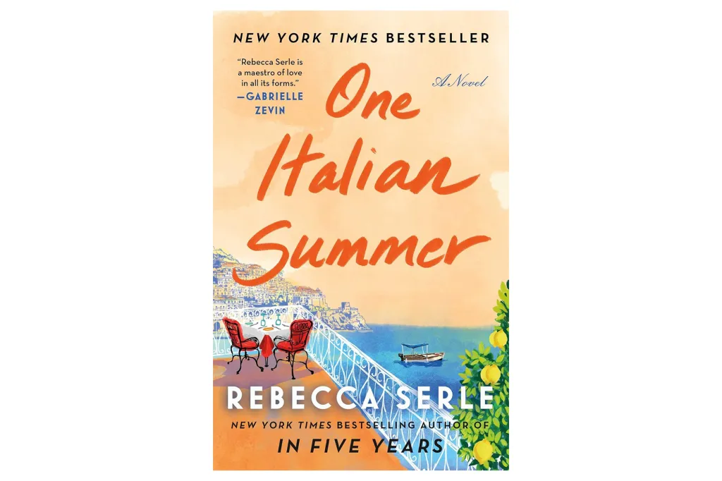 Illustration of the book cover "One Italian Summer" by Rebecca Serle, showing a balcony overlooking the sea and an Italian coastal town.