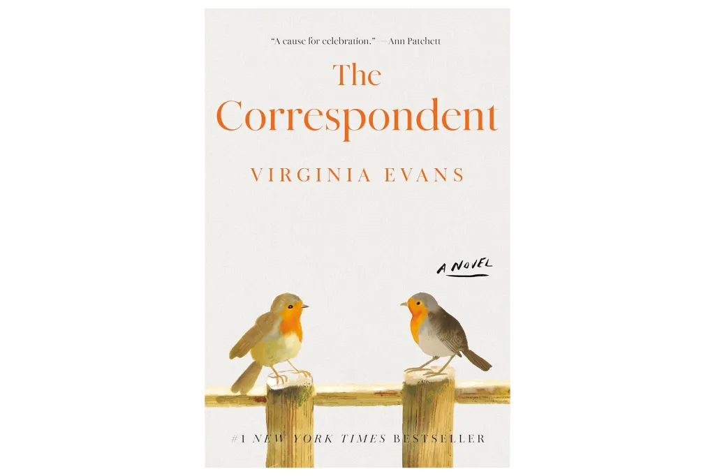 Illustration of the book cover for "The Correspondent" by Virginia Evans, featuring two robins on a wooden fence.
