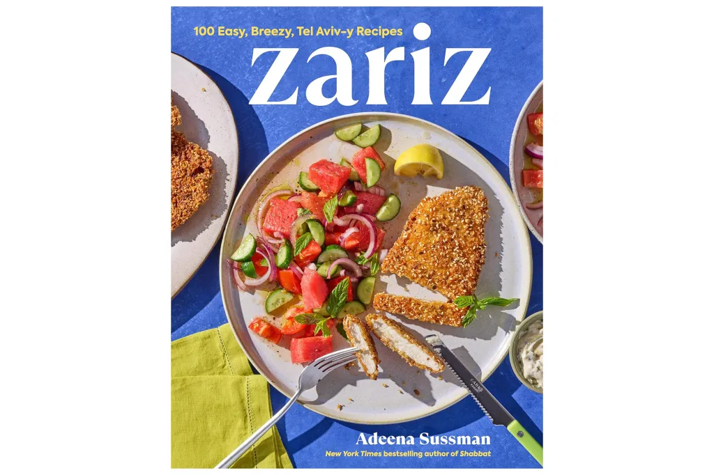 Cover for Adeena Sussman's "Zariz" cookbook, showing sesame-crusted chicken and watermelon salad on a blue background.