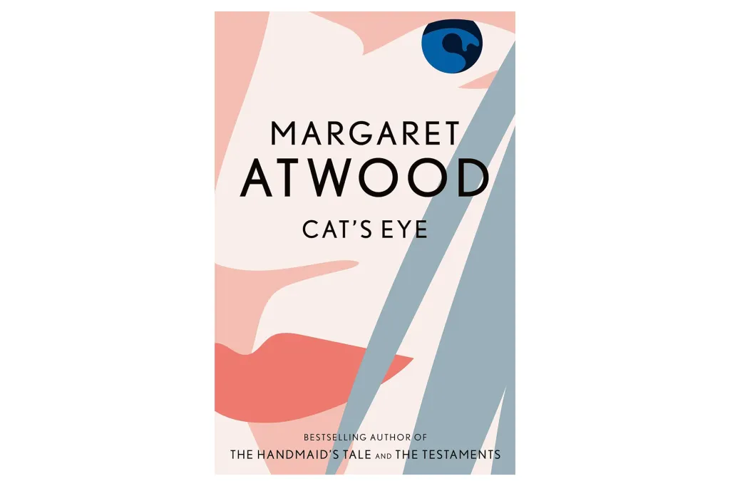 Illustration of the book cover for Margaret Atwood's "Cat's Eye," featuring abstract shapes in shades of pink, coral, and blue, with a dark blue eye-like shape in the upper right.