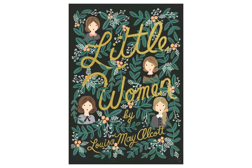 Illustration of the "Little Women" book cover with four girls' faces among green leaves and berries.