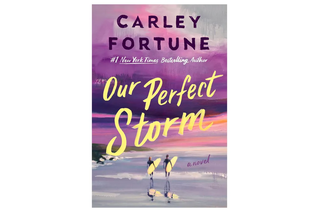 Illustration of the book cover for "Our Perfect Storm" by Carley Fortune, depicting two surfers walking into the ocean at sunset.
