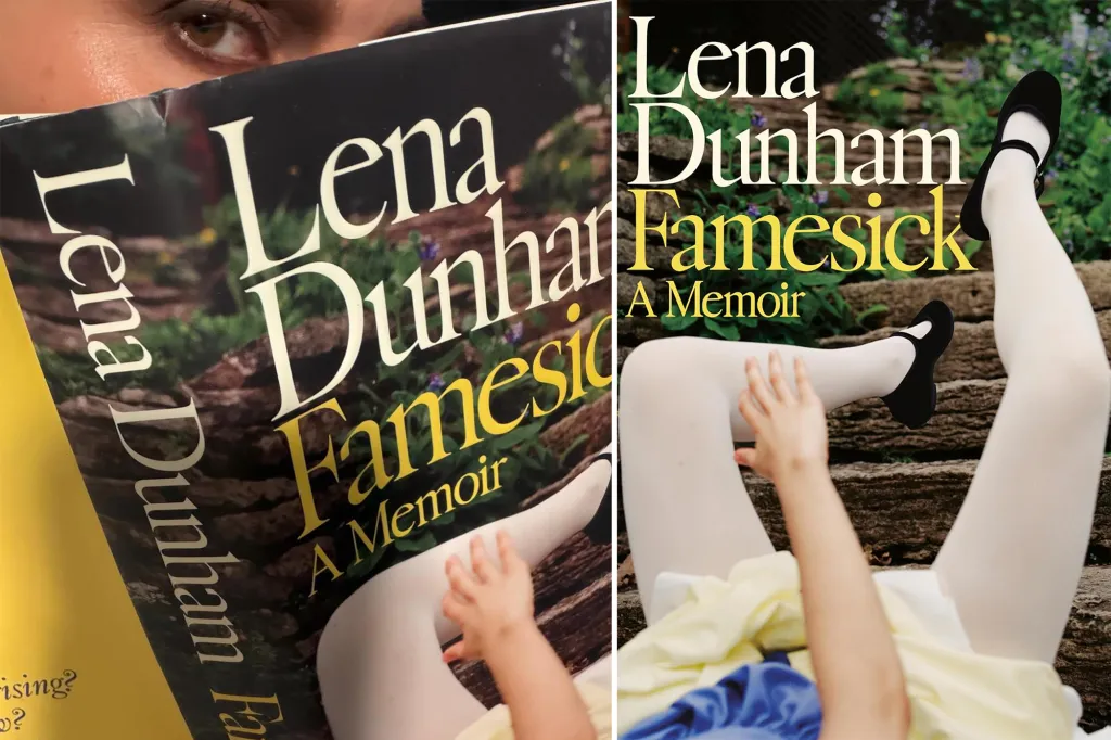 Collage of a woman's eyes peeking over a book titled "Lena Dunham Famesick A Memoir" and a close-up of the book's cover.