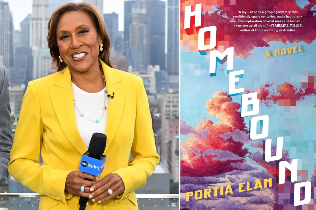 Collage of Robin Roberts holding an ABC News microphone and the cover of the novel "Homebound" by Portia Elan.
