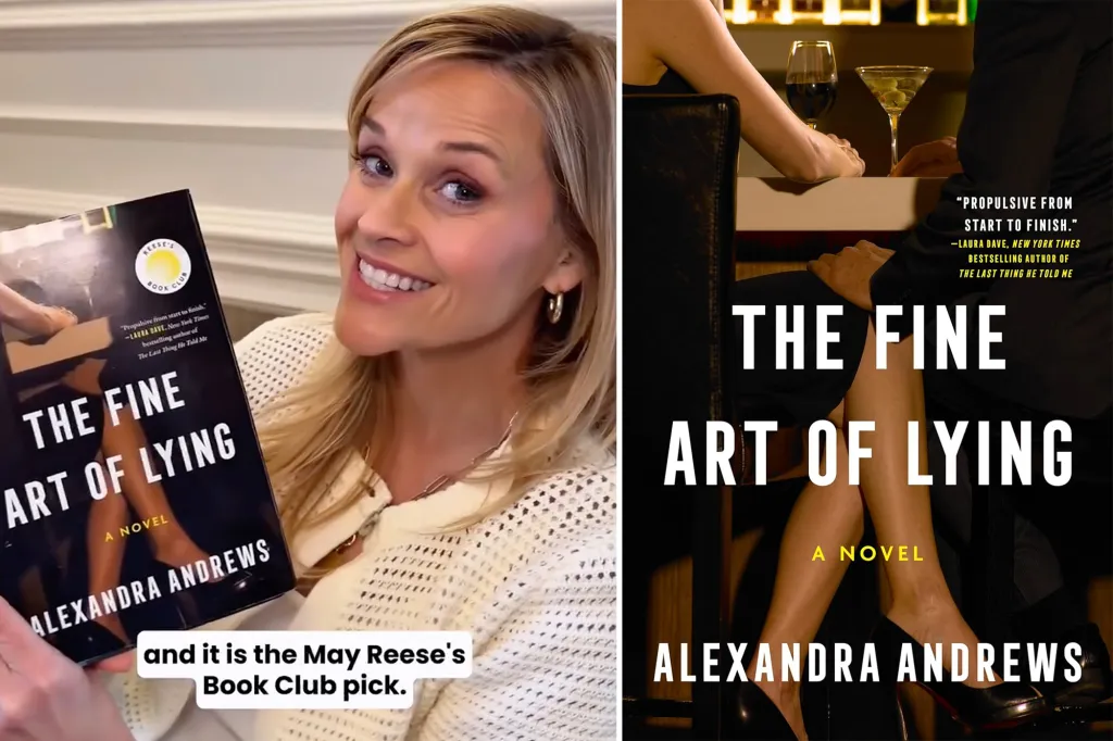 Collage of Reese Witherspoon holding a copy of "The Fine Art of Lying" next to a close-up of the book cover.
