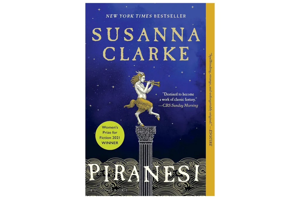 Illustration of the book cover for "Piranesi" by Susanna Clarke, featuring a satyr playing a horn atop a classical column against a starry blue sky.