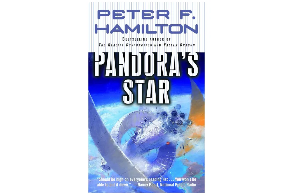 Illustration of the book cover for "Pandora's Star" by Peter F. Hamilton, showing a large white spacecraft orbiting a blue planet.