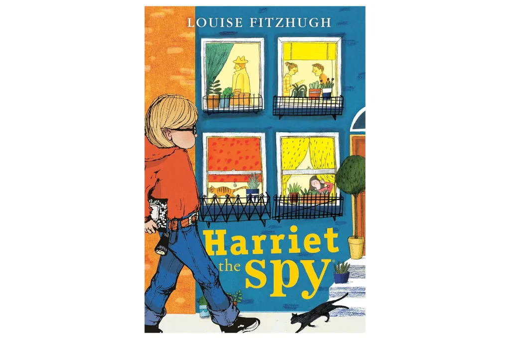 Illustration of a girl, Harriet the Spy, walking in front of an apartment building, observing the people in the windows.