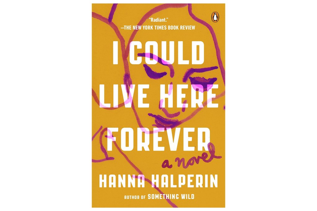 Illustration of a book cover for "I Could Live Here Forever" by Hanna Halperin, featuring abstract purple lines on a gold background.