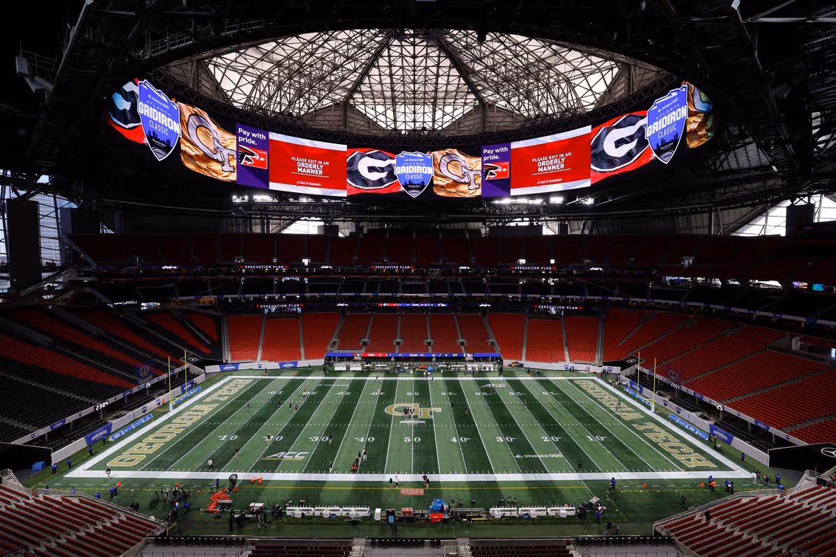 A general view of the field prior to the game between the Georgia Tech Yellow Jackets and Georgia Bulldogs at Mercedes-Benz Stadium on November 28, 2025 in Atlanta, Georgia.