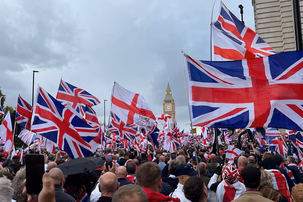 Activists reach Westminster during the Tommy Robinson-led Unite the Kingdom march and rally in central London. Picture date: Saturday September 13, 2025.