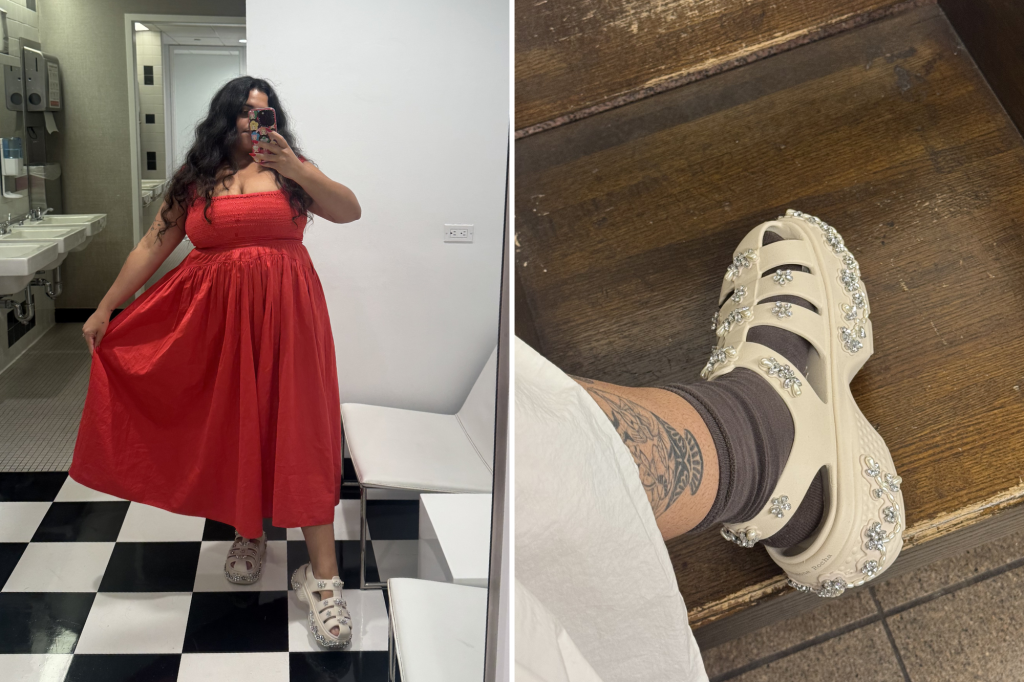 Collage of a woman in a red dress with jeweled shoes, and a close-up of a leg with a tattoo and the same shoe.
