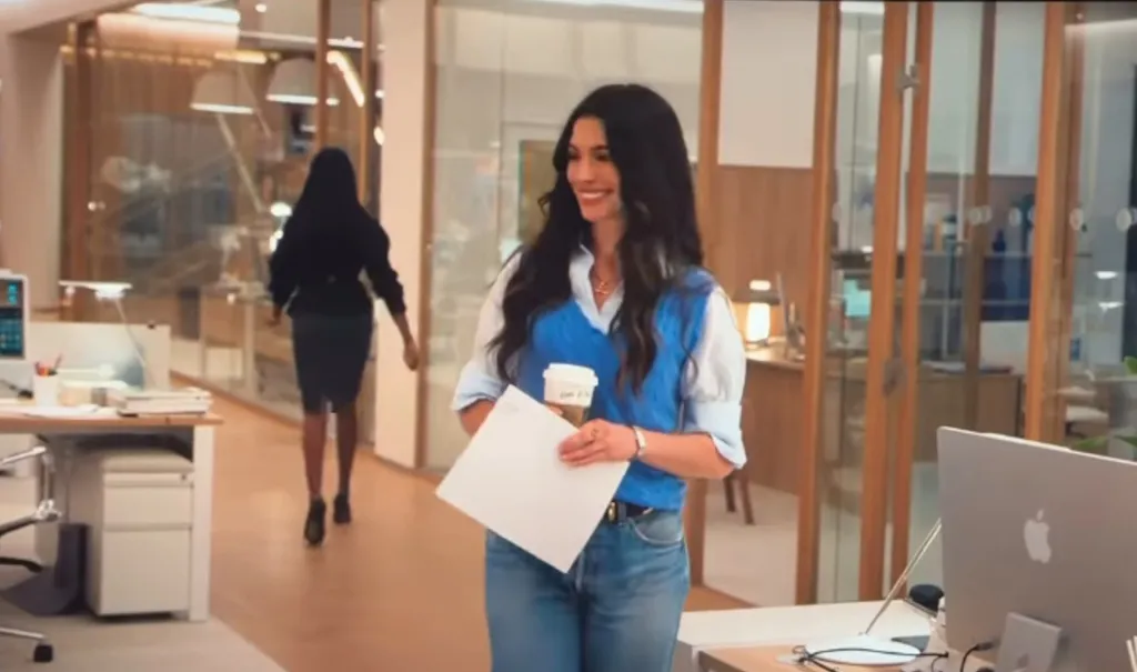 A woman smiling, holding papers and coffee, walks past a desk while another woman walks away in the background.