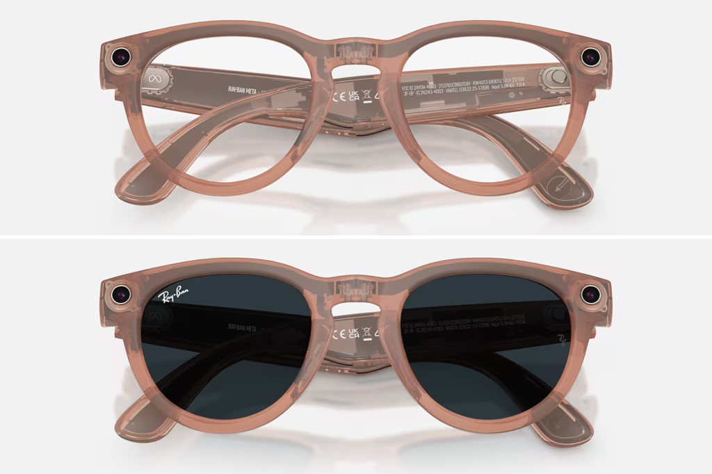 Two pairs of Ray-Ban Meta Headliner smart glasses, one with clear lenses and one with dark sunglasses lenses.