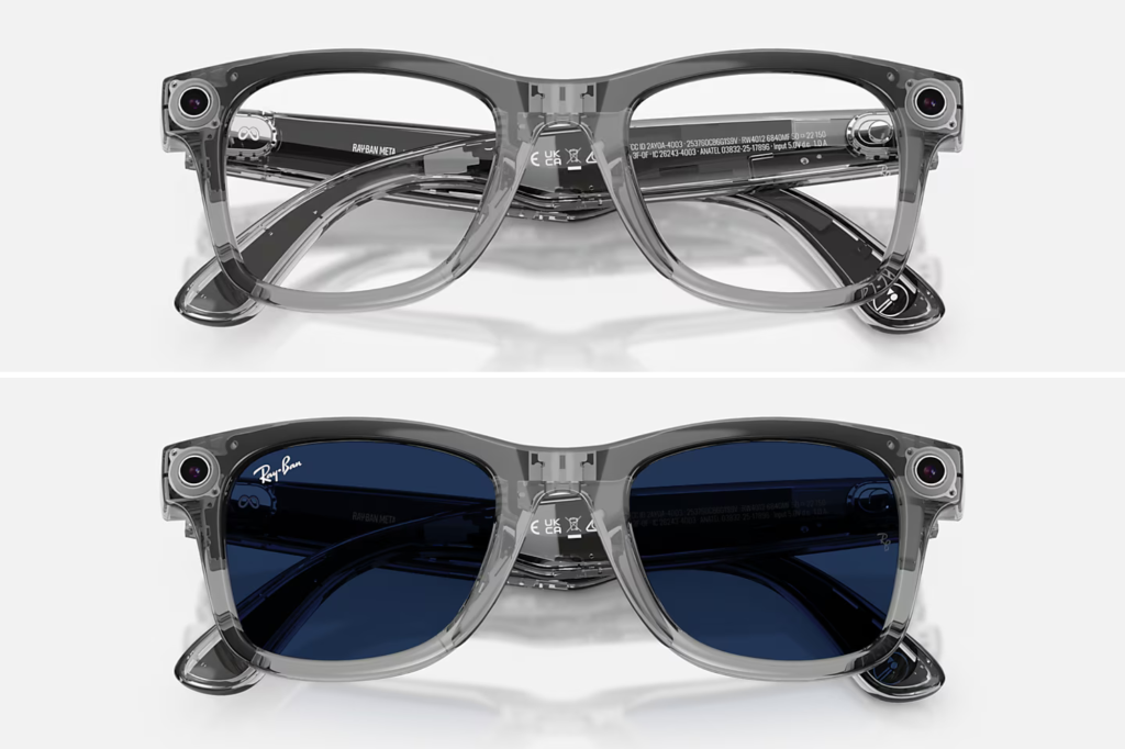 Collage of RayBan Meta Wayfarer smart glasses, one pair with clear lenses and one pair with dark blue sunglass lenses.