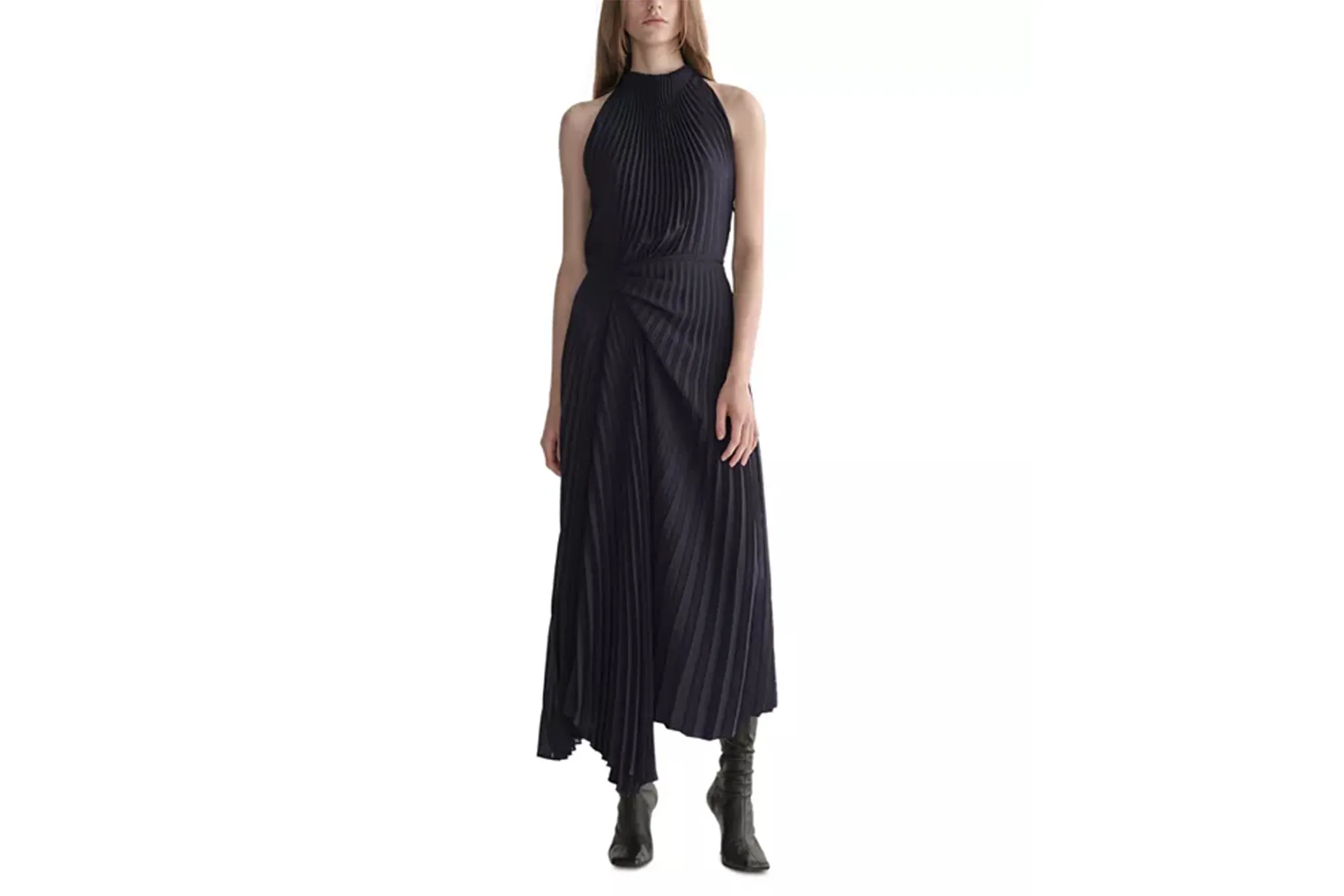 A-line pleated halter midi dress.