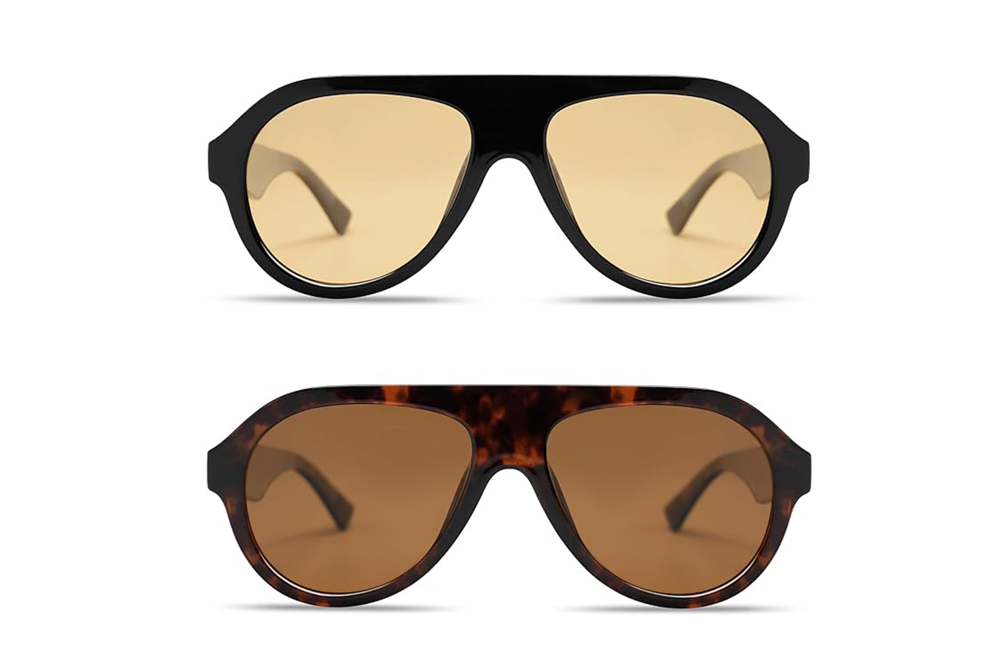 A black pair of aviator sunglasses with yellow lenses and a tortoise shell pair of aviator sunglasses with brown lenses.