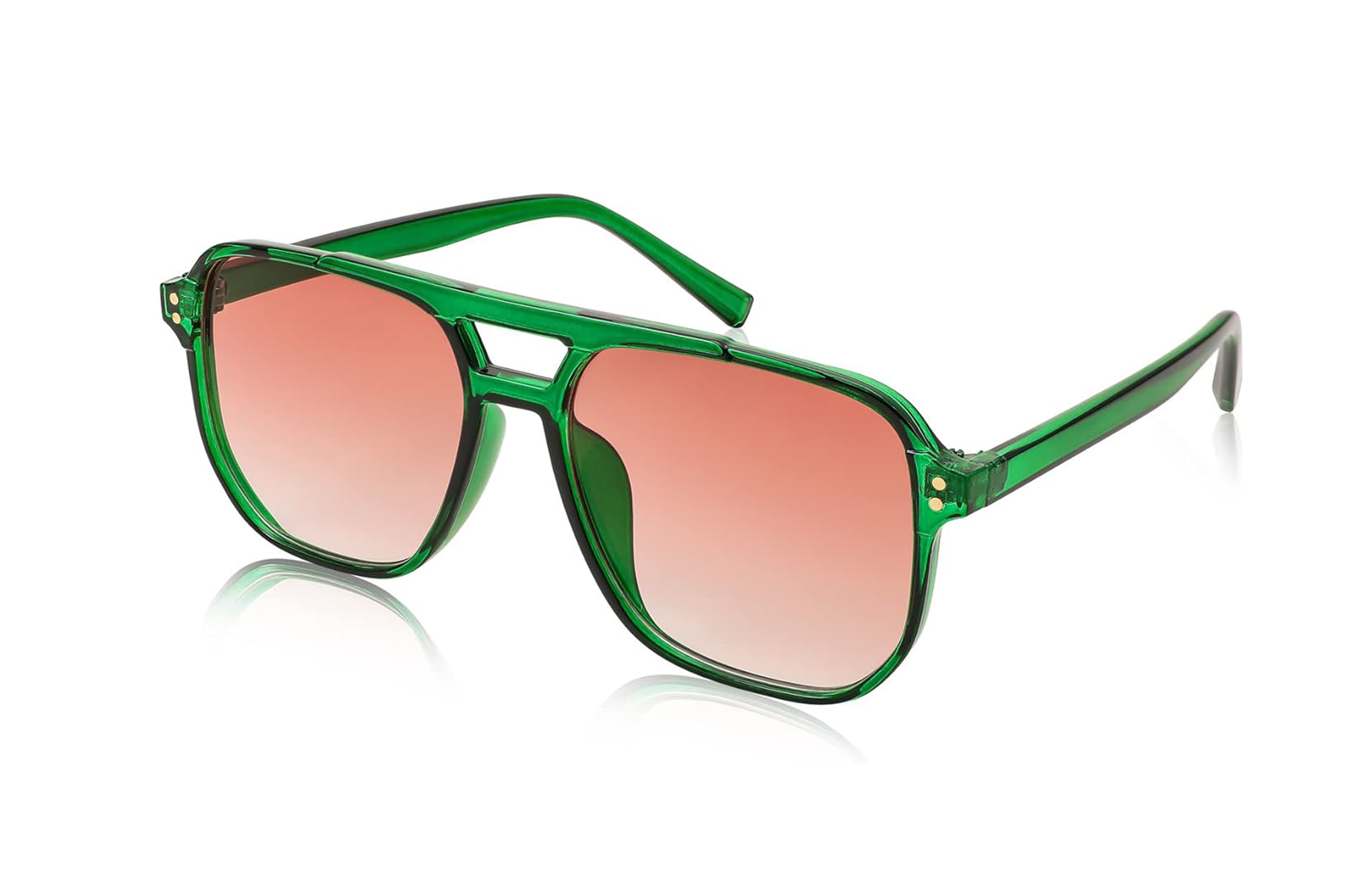 Green aviator sunglasses with orange gradient lenses.