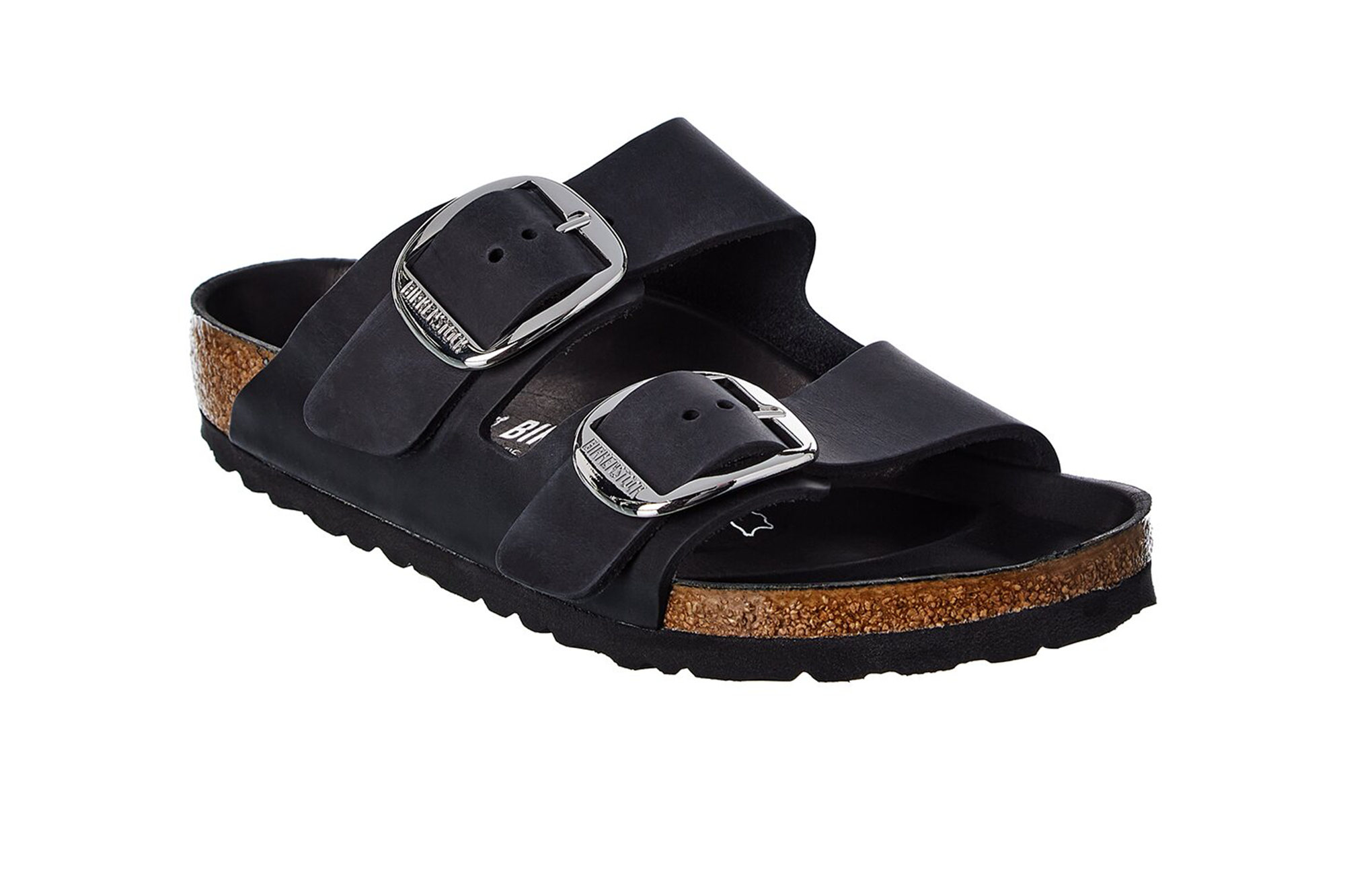 Birkenstock Arizona black leather sandal with oversized silver buckles.