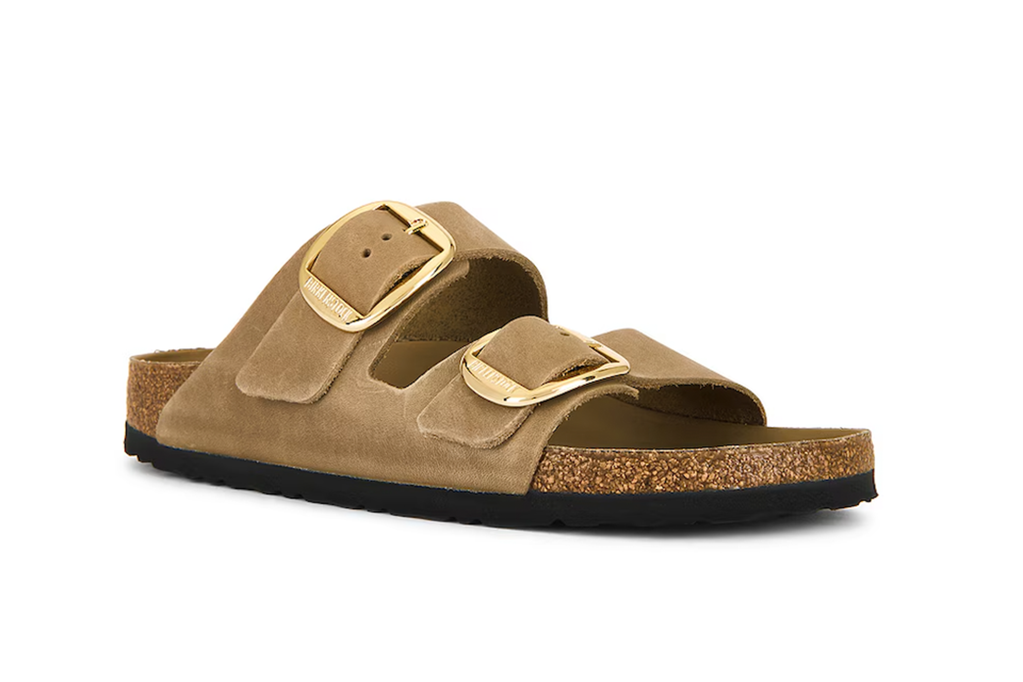 A single Arizona Birkenstock sandal in tan suede with gold buckles.