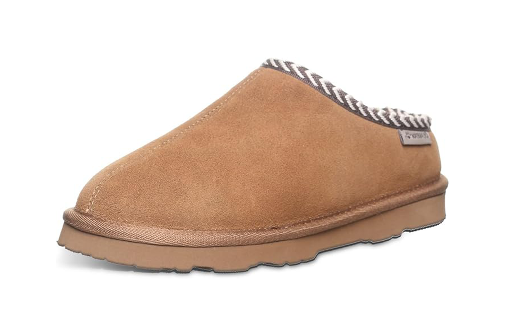 A single light brown slipper with a patterned trim around the opening.