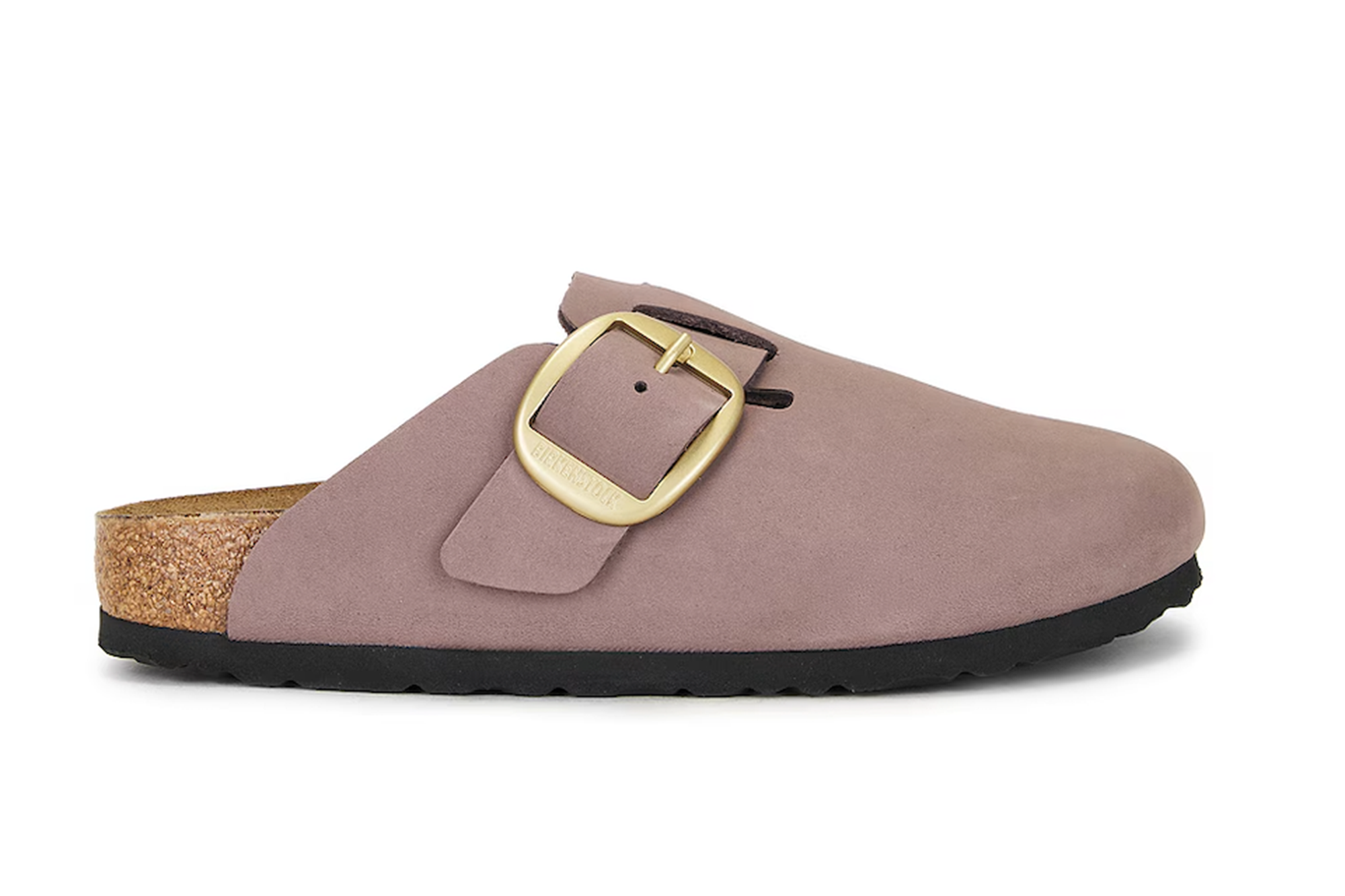 Mauve Birkenstock Boston clog with a brass buckle.