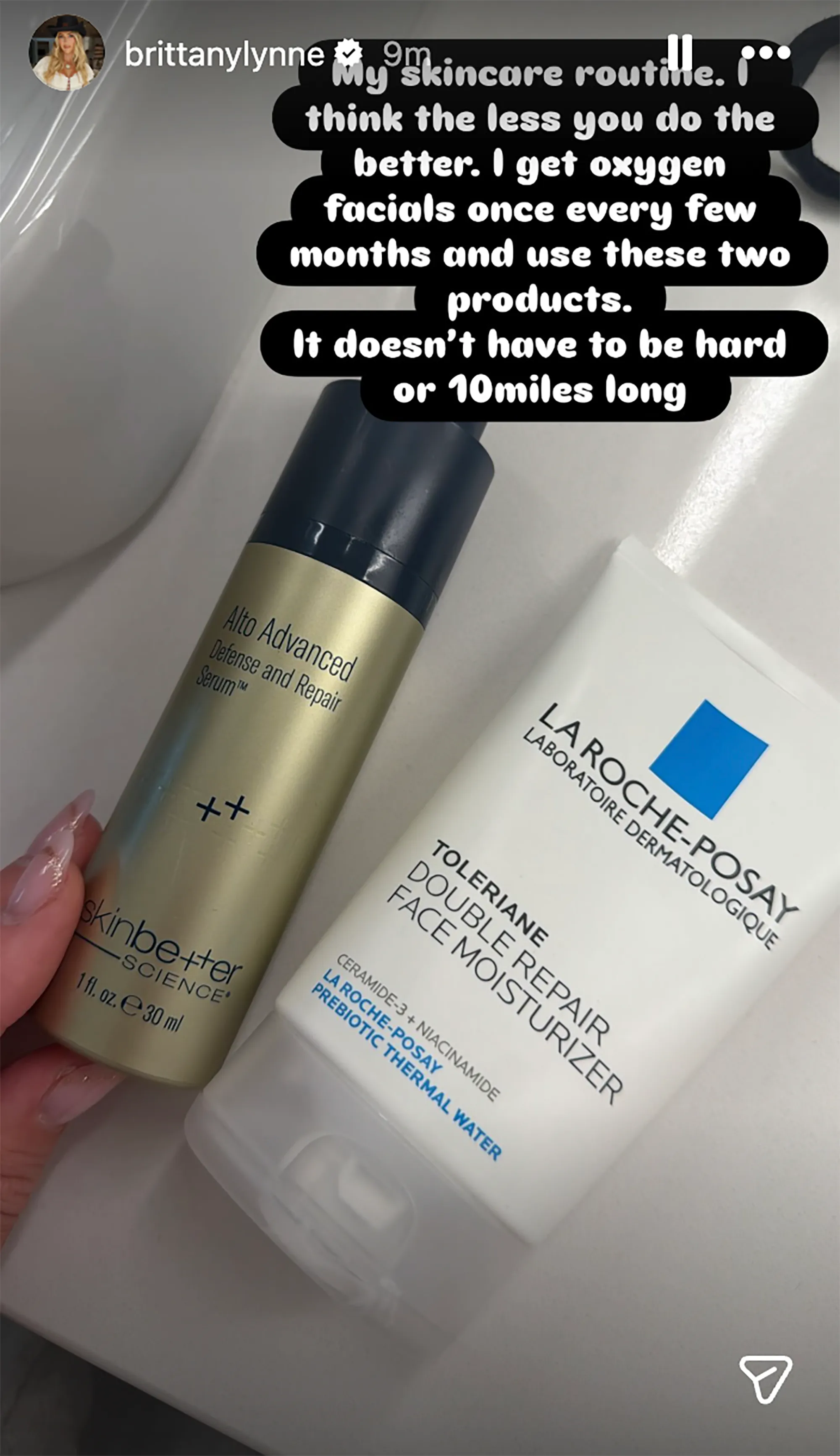 Brittany Mahomes's Instagram story showing her skincare routine, featuring SkinBetter Science Alto Advanced Defense and Repair Serum and La Roche-Posay Toleriane Double Repair Face Moisturizer.