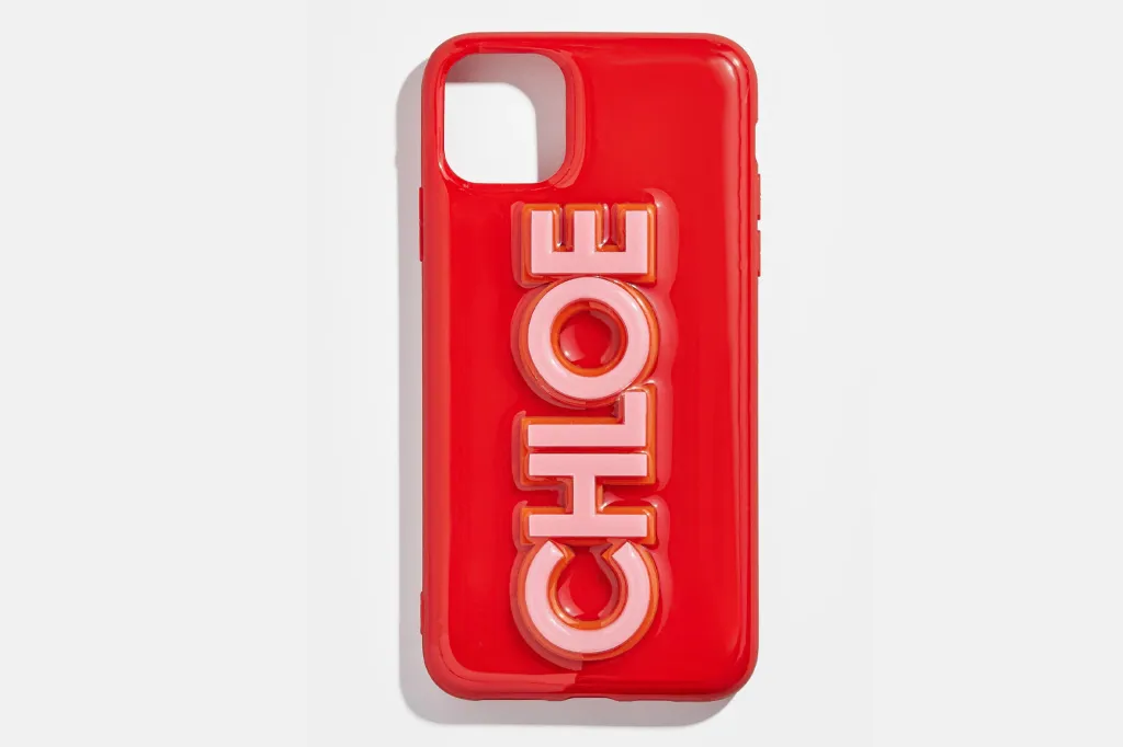 Red phone case with raised pink and orange "CHLOE" lettering.