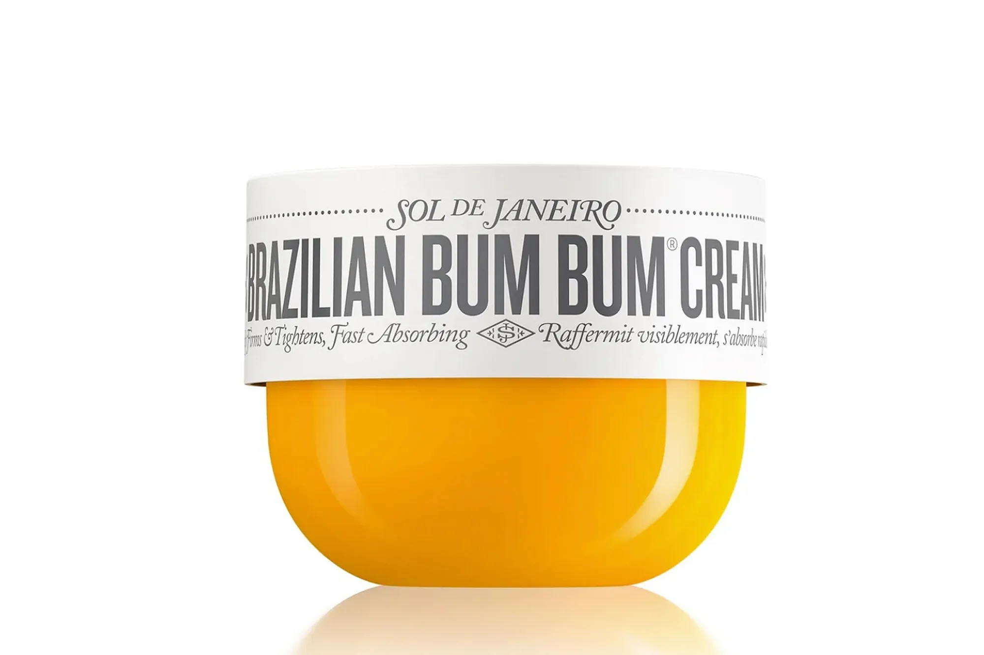 Sol de Janeiro Brazilian Bum Bum Cream in a yellow tub with a white label.