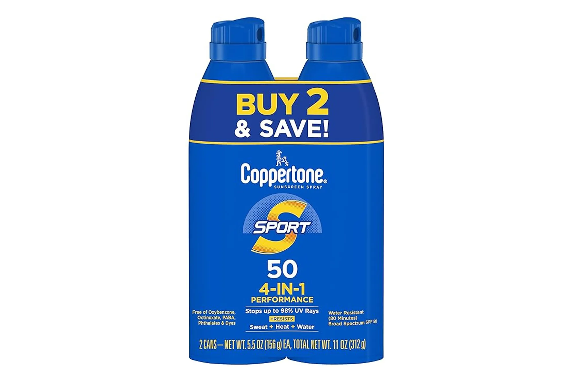 Two blue Coppertone Sport sunscreen spray bottles with SPF 50.