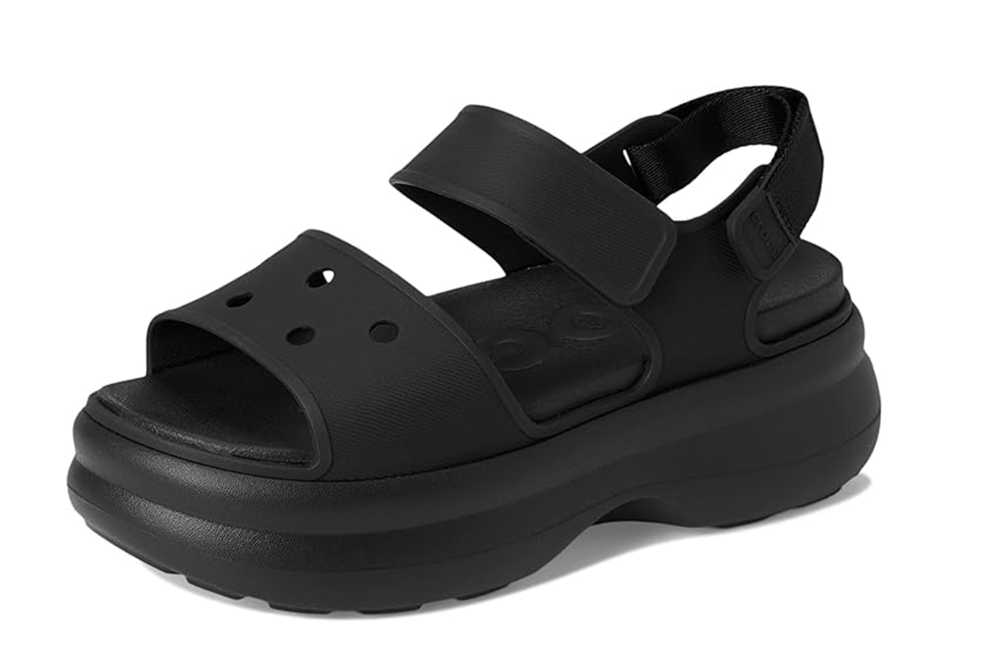 A black Crocs sandal with a thick platform sole and two adjustable straps.
