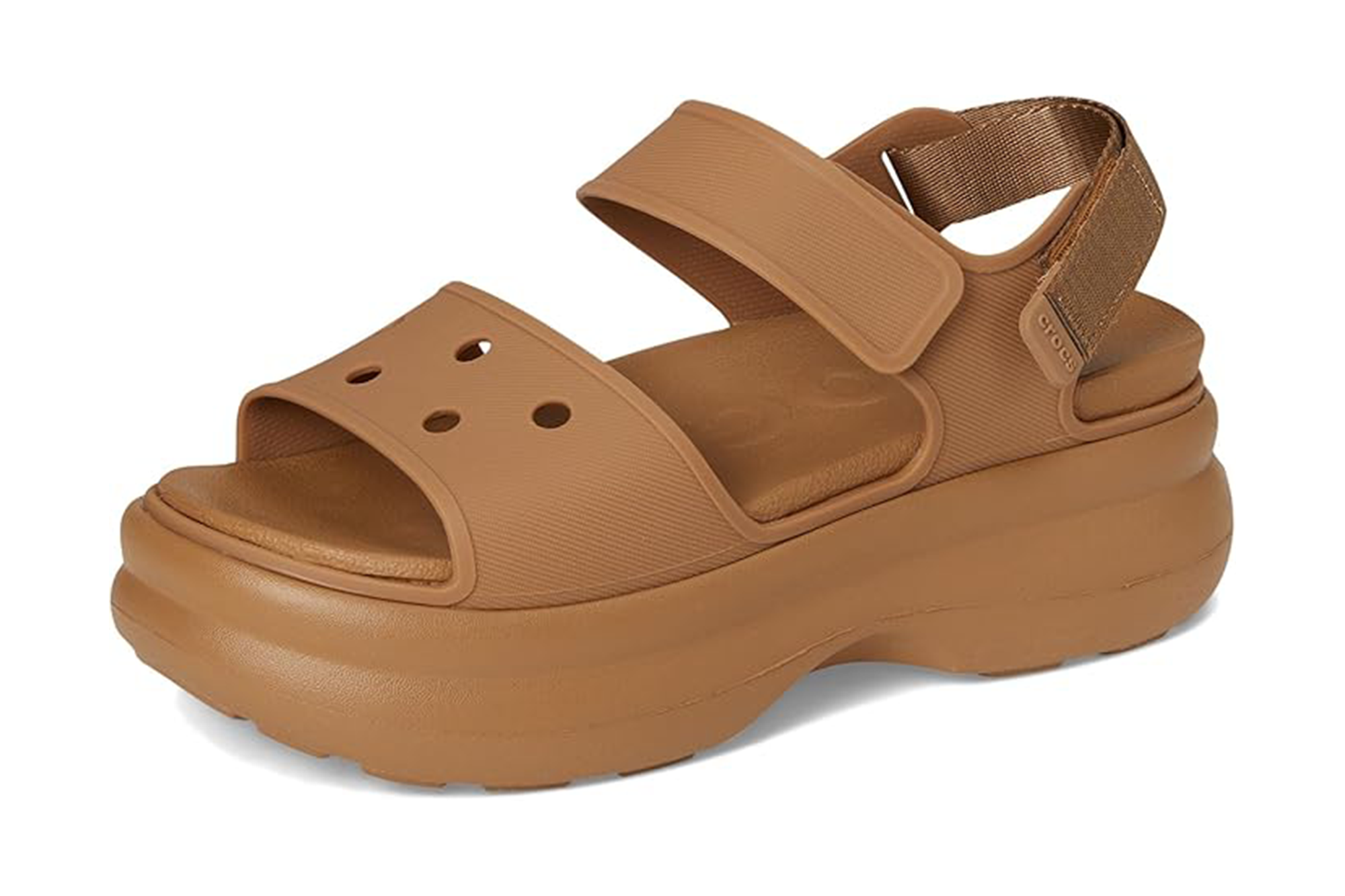 Brown Crocs platform sandal with two straps.