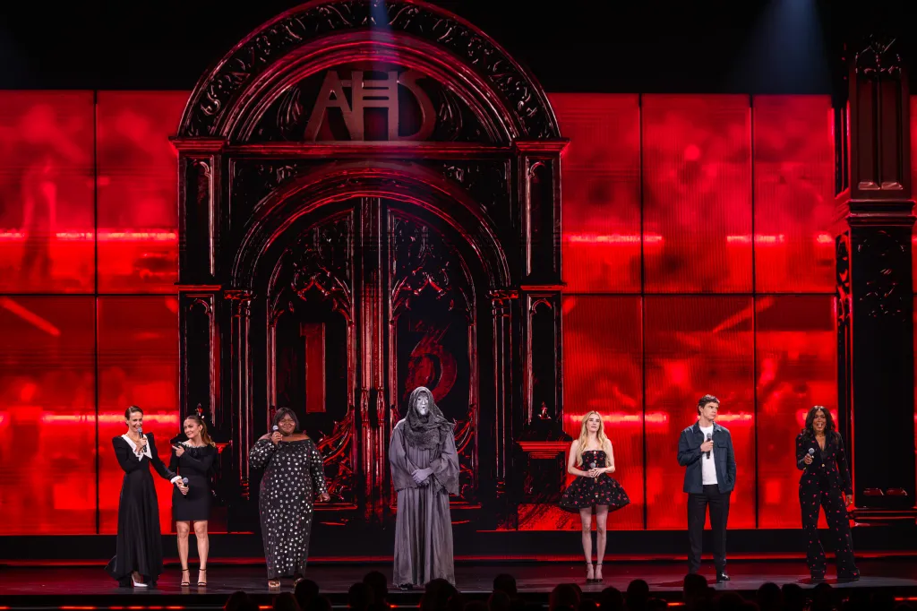Sarah Paulson, Angela Bassett, Emma Roberts, Gabourey Sidibe, Billie Lourd, Evan Peters, and Paul Anthony Kelly presenting at the Disney Upfront 2026.