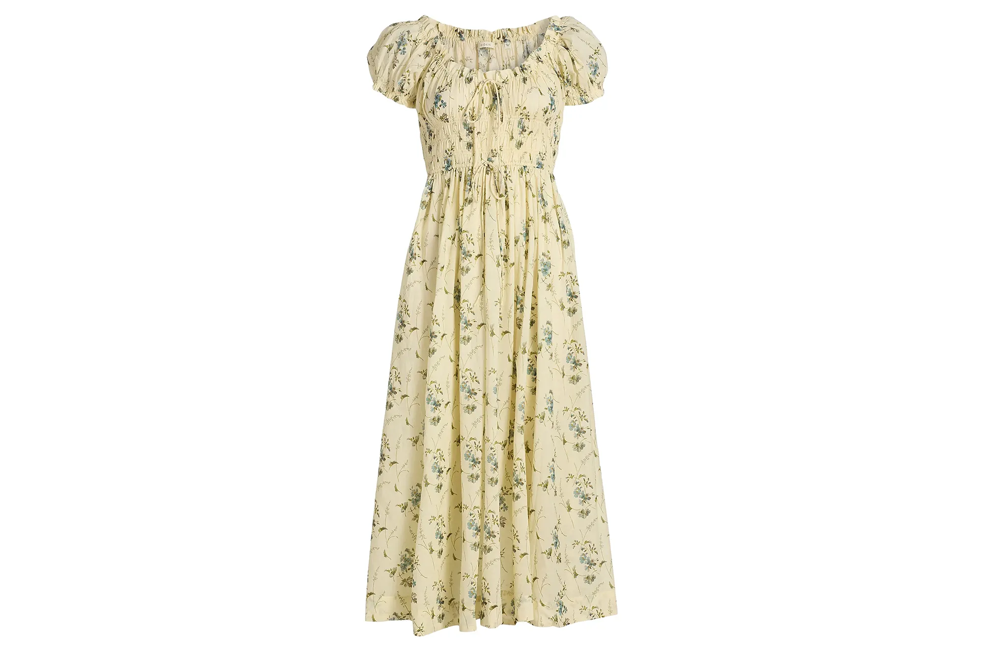 Ashlynn maxi dress with a pale yellow fabric, blue and green floral print, and puff sleeves.
