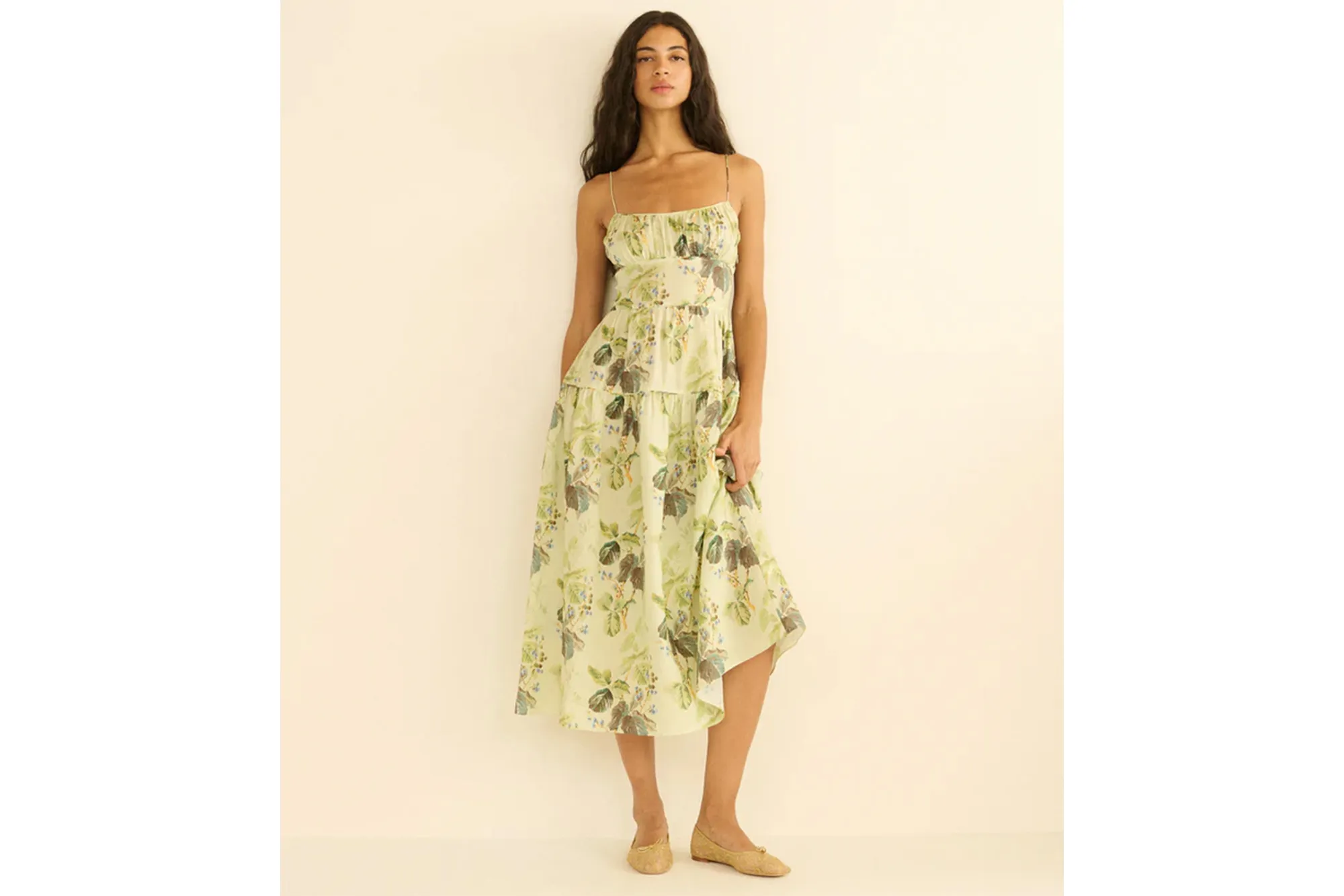 Benoit Dress in light green with a botanical print.