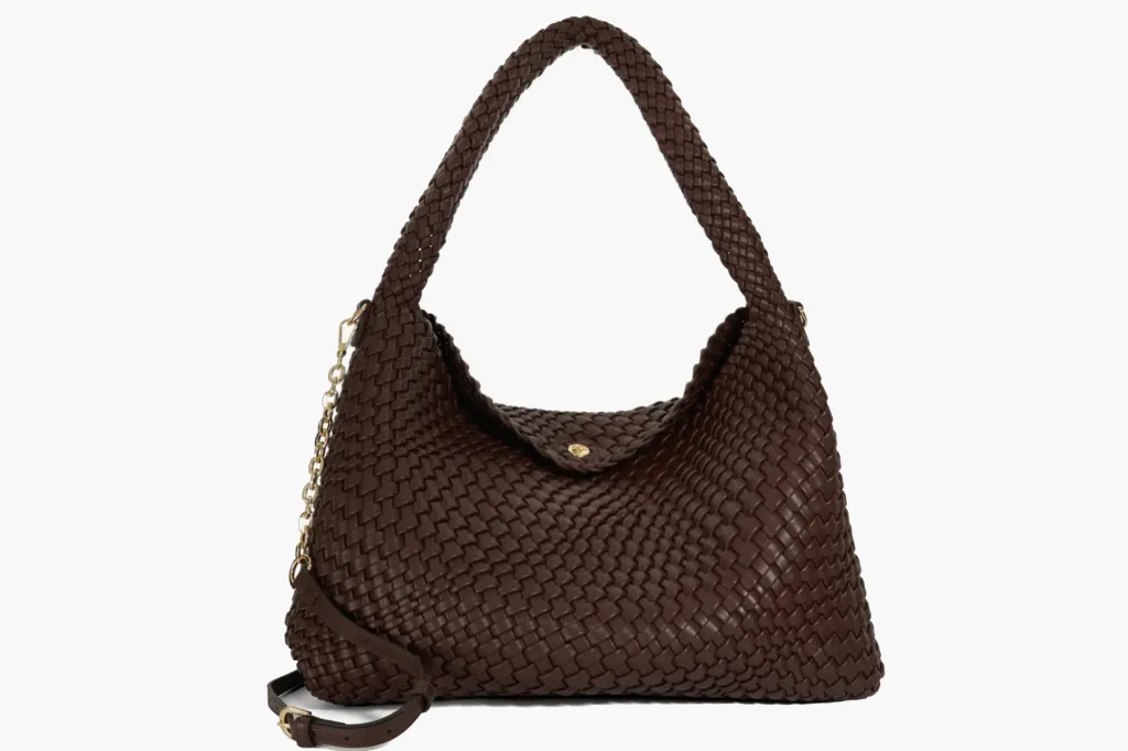 Dark brown woven leather shoulder bag with a gold chain and buckle accent.
