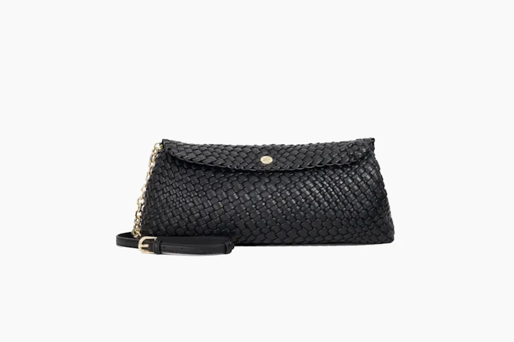 A black woven shoulder bag with a gold chain and strap.