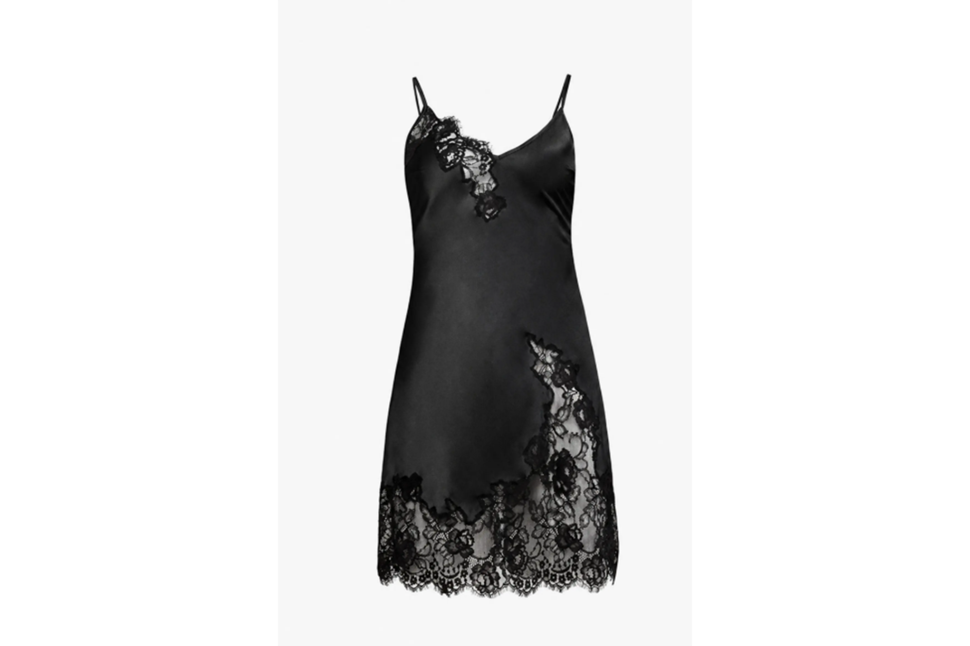 Black satin and lace slip dress.