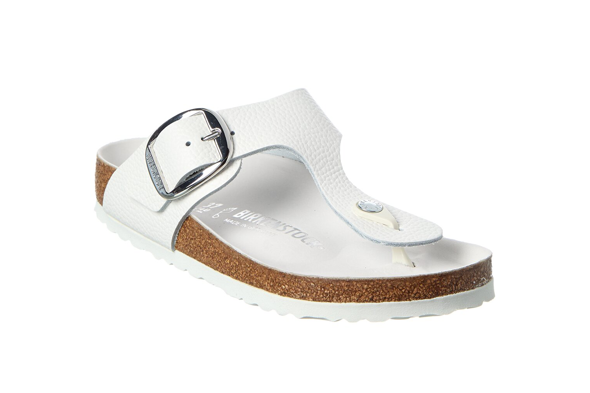 White Birkenstock Gizeh sandal with a large silver buckle.