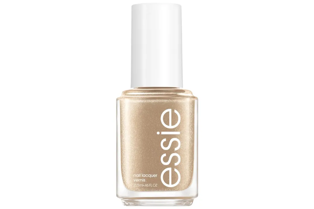 Essie gold nail polish in a clear bottle with a white cap.