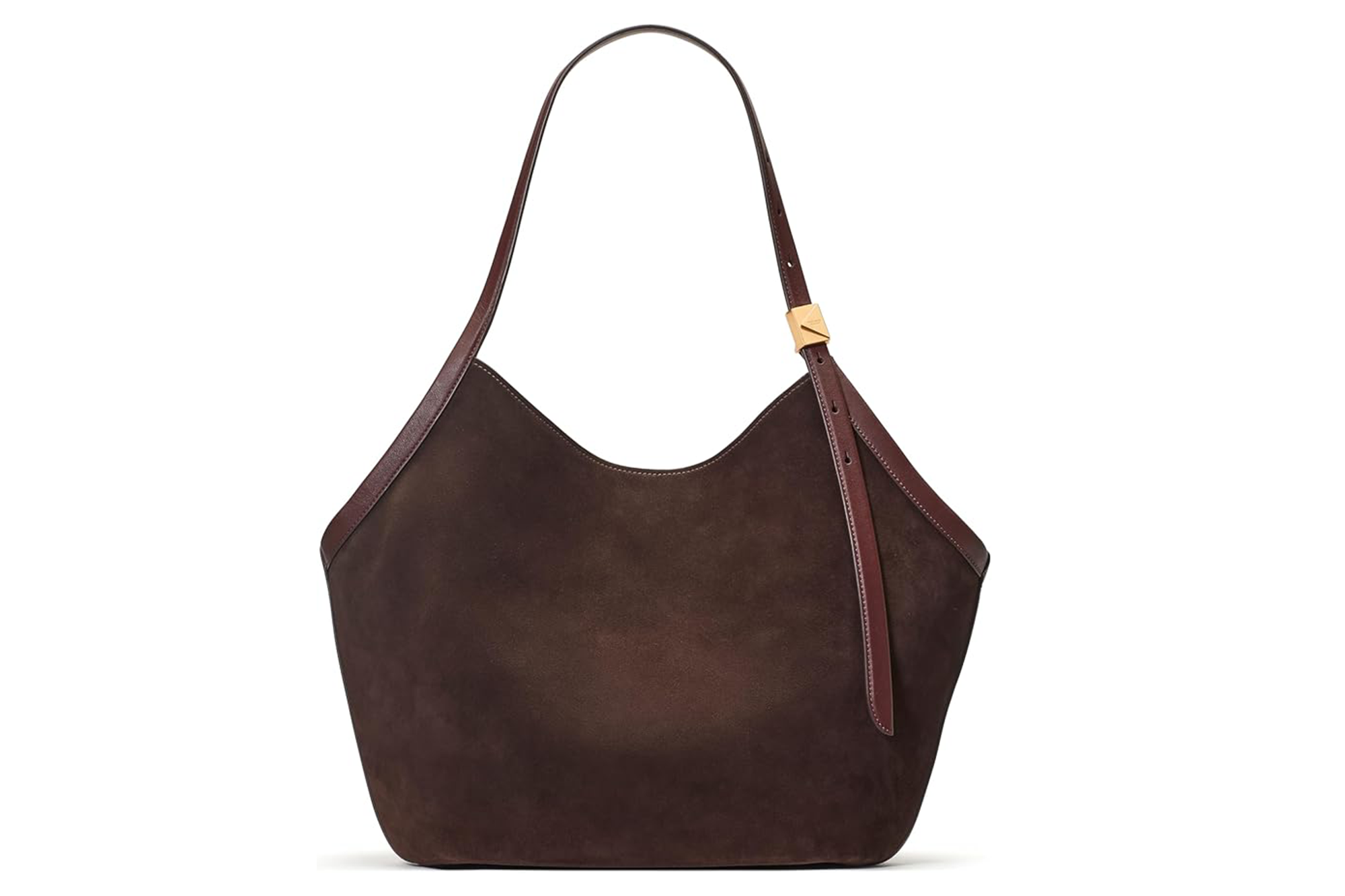 Brown suede hobo bag with a dark brown leather handle and trim.