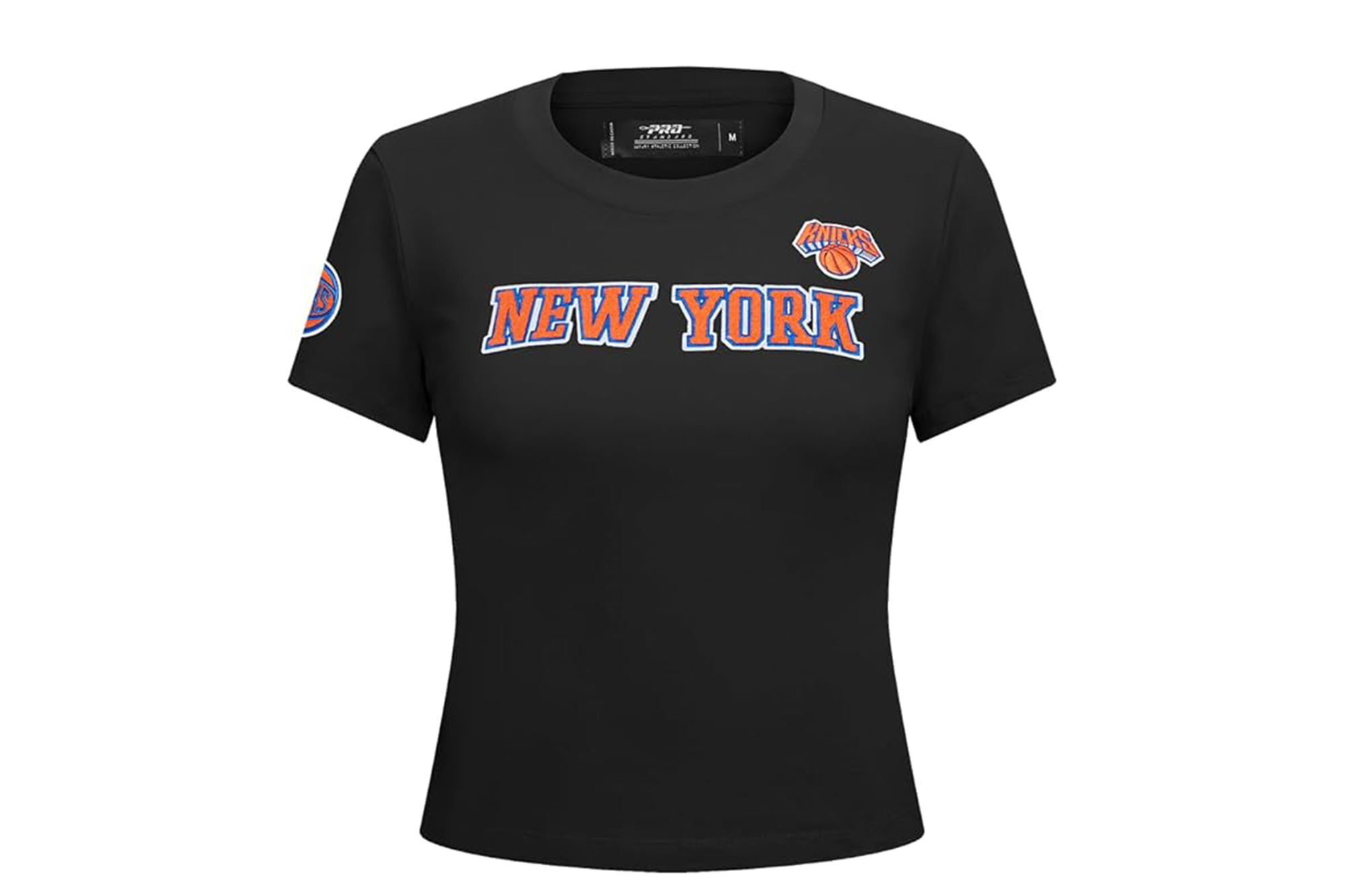 Black short-sleeved t-shirt with "NEW YORK" in orange and blue lettering, and a Knicks logo above it.