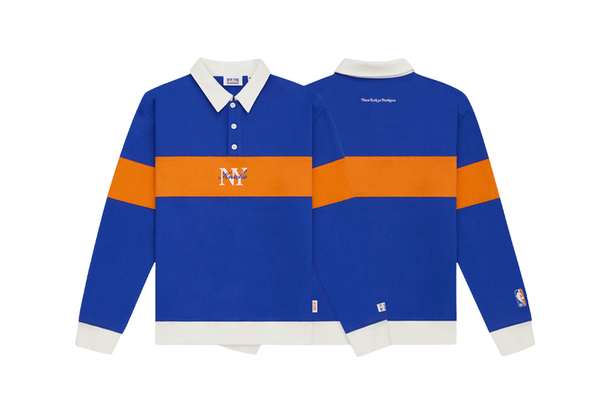 Front and back view of a blue long-sleeve polo shirt with an orange stripe across the chest, "NY" in white on the front, and a white collar and cuffs.