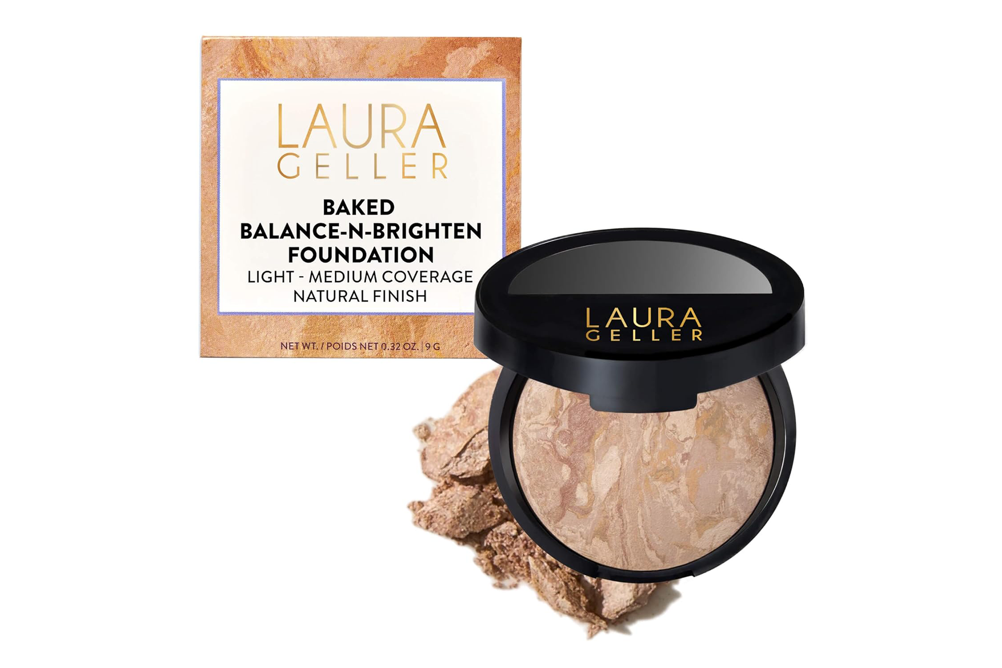 Laura Geller Baked Balance-n-Brighten Foundation with Light-Medium Coverage and a Natural Finish.